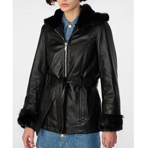 Wilsons Leather‎ Genevieve Black Faux Fur Trim Hooded Belted Jacket Size M
